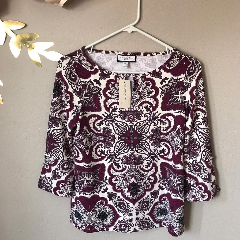 Charter Club Petite White & Purple Blouse Size PP